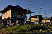 Inle Lake Myanmar. All the buildings are constructed on piles. Residents travel around by canoe, but there are also bamboo walkways and bridges over the canals, monasteries and stupas. 